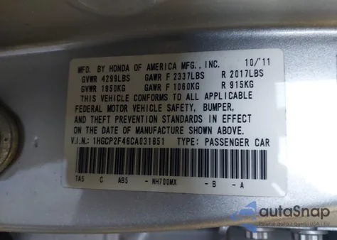 2012 Honda Accord 2.4 Lx-P from USA, damaged, VIN 1HGCP2F46CA031851